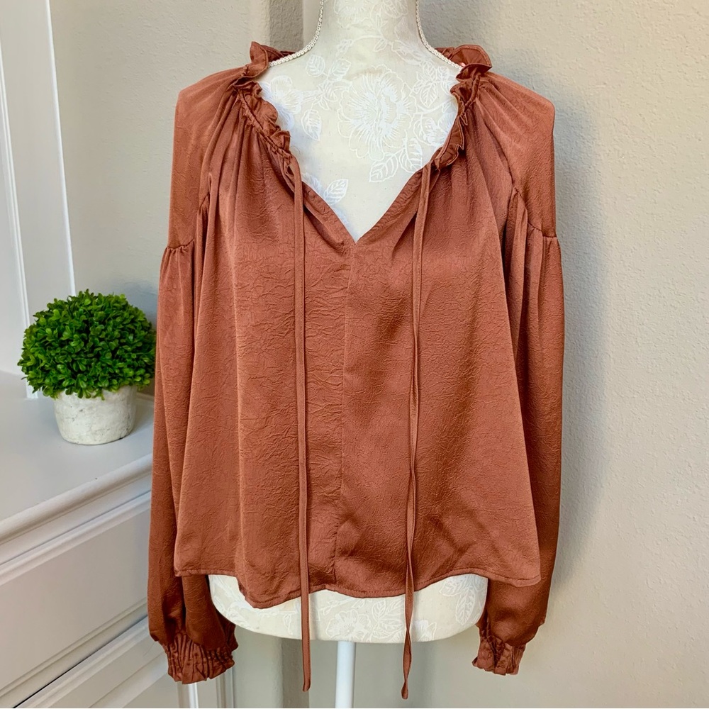 Blu Pepper Boho Copper Tie Front Balloon-Sleeve Long-Sleeved Women’s Medium